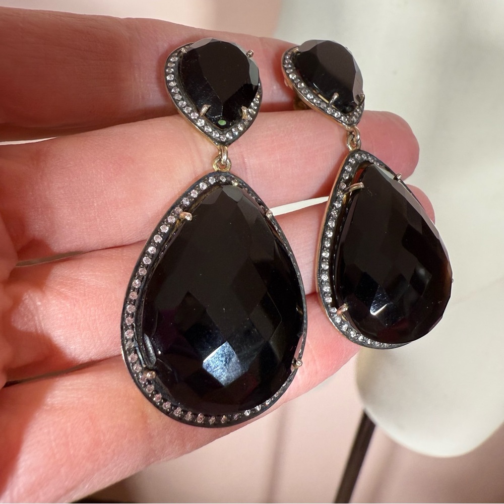Sterling silver pear shape Black glass topaz halo oversized dangle earrings - Picture 4 of 15